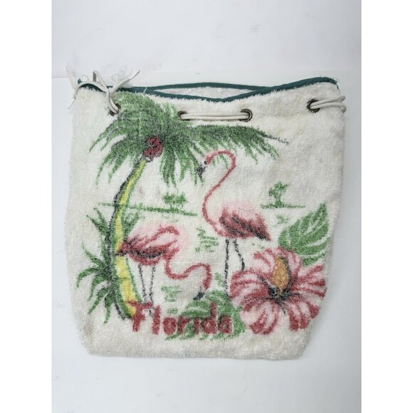 Vintage Florida Souvenir Drawstring Terry Cloth Beach Bag Flamingo Palm Trees - Picture 1 of 14